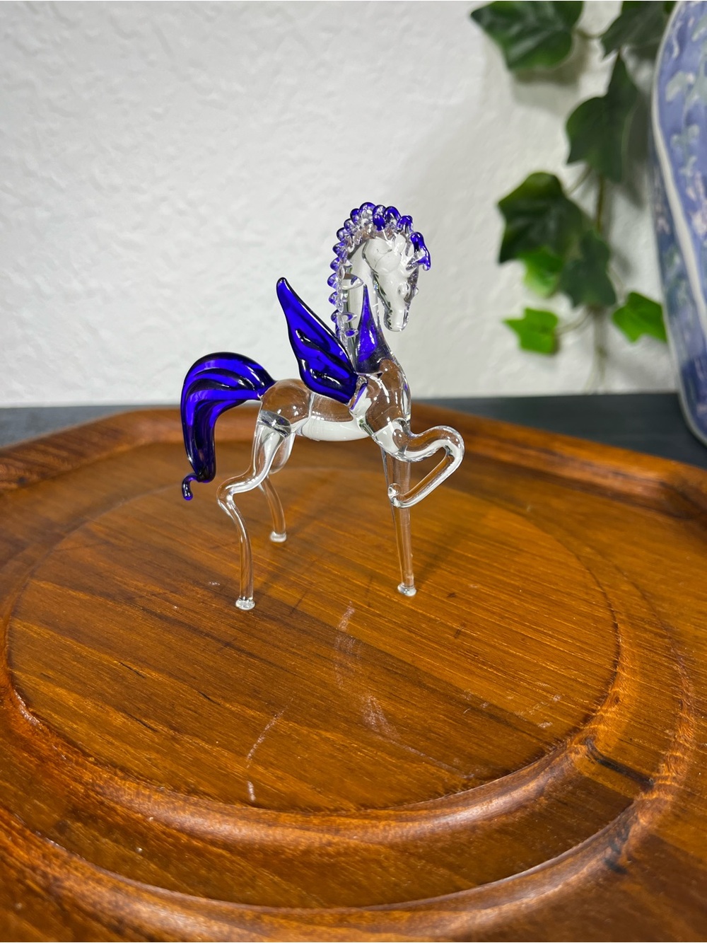 Vintage Handblown Glass Pegasus Figurine in Cobalt Blue and Clear